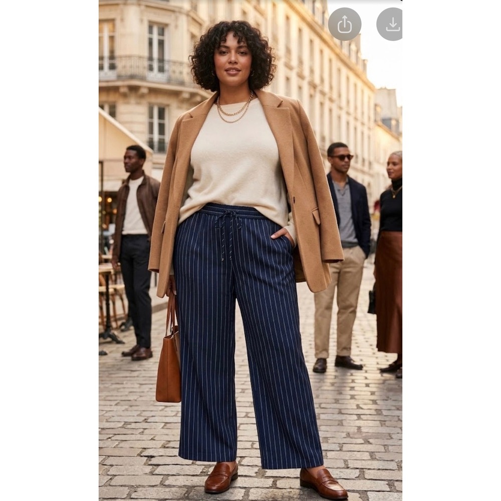 Lands End Womens 18W High Rise Wide Leg Pinstripe Pants Navy Cropped Trousers